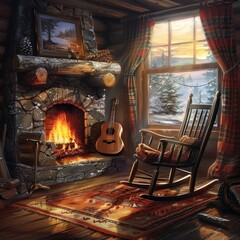 Rustic Cabin Interior with Guitar and Rocking Chair by a Cozy Fireplace for Winter Retreat Ambiance