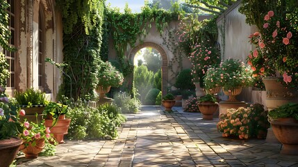 Courtyard garden with stone walkway and lush plants