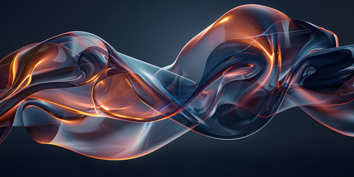 Abstract 3d rendering of liquid glass in the form of a wave with an orange gradient. Banner design element. abstract glass wave on dark background