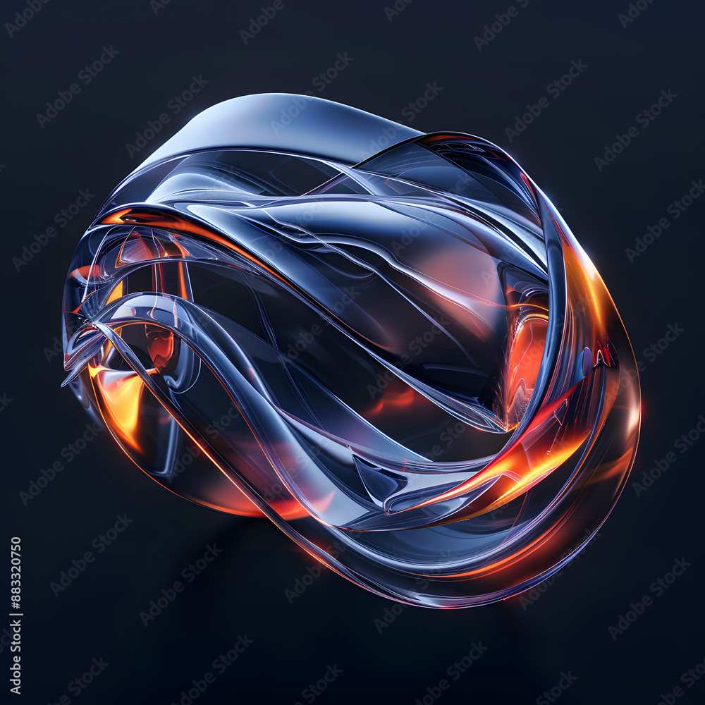 Fototapete Abstract 3d rendering of liquid glass reflecting light. Design element, banner. shiny glass figure of abstract shape on a dark background