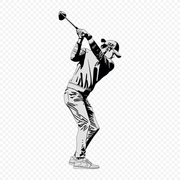 Golfer in contrasting highlights performs swing