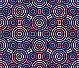 Abstract geometric design in retro style with multicolored concentric circles and rings in black, pink, violet, and white. Elegant texture. Seamless repeating pattern.