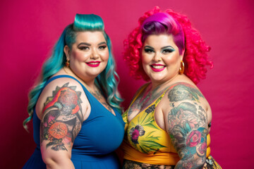 Naklejka premium Vibrant pink background highlights joyful atmosphere as two plus-size women with vibrant tattoos and colorful hairstyles exude confidence and happiness in a playful pose.