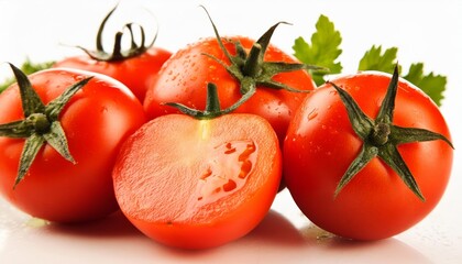 Fresh raw sliced and whole tomatoes isolated on white background