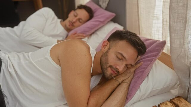 Gay couple waking up together in bed at home with love and affection