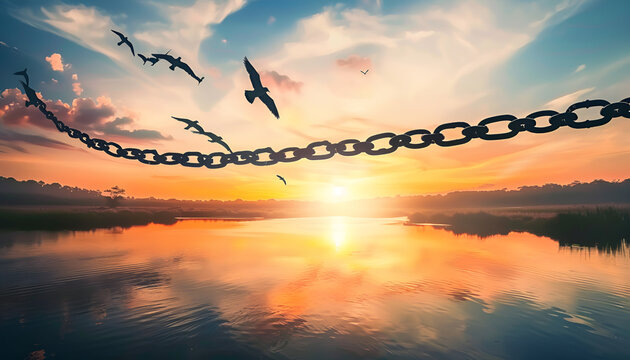 Freedom concept. Silhouettes of broken chain and birds flying over river at sunset