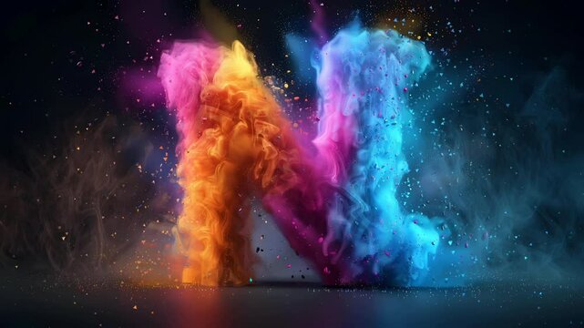 Letter N with colorful cloud art with powder explosion background