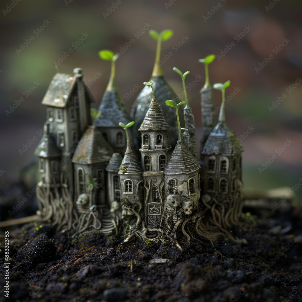 Wall mural A small group of houses made of metal and plants are growing in the dirt