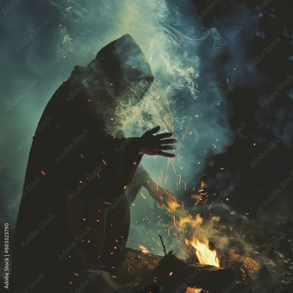 Wall mural A person in a black cloak stands over a fire, surrounded by smoke and sparks