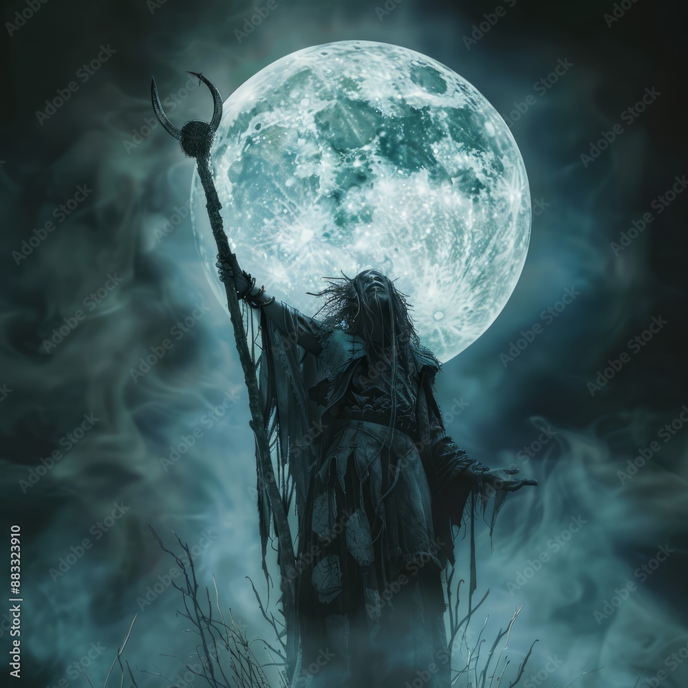 Wall mural A dark figure with a staff is standing in front of a large, glowing moon