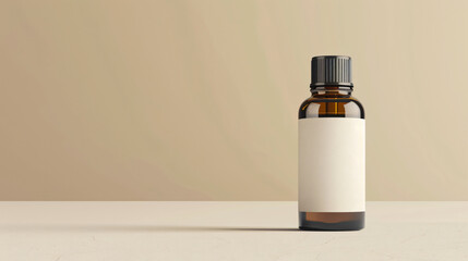 Essential oil bottle with blank label, clean background, mockup for the concept 