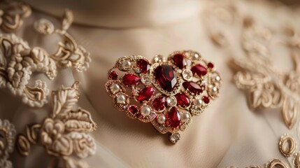 Obraz premium Heart-Shaped Brooch on Elegant Lace Dress Adding a Touch of Charm and Glamour