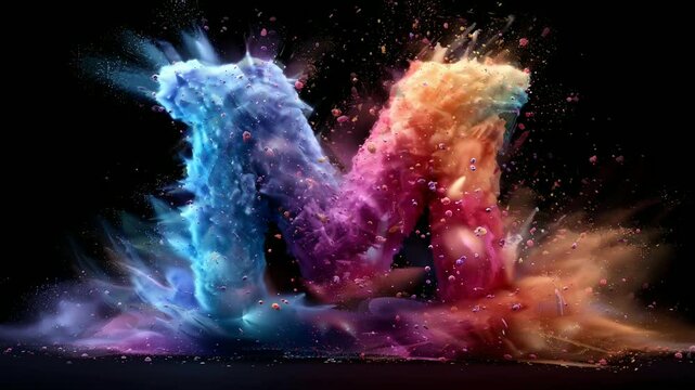 Letter M with colorful cloud art with powder explosion background