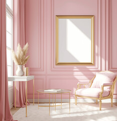 Luxurious Pink Living Room with Empty Poster Mock-up Template and Elegant Furnishings