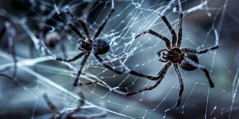 Close Up of Two Spiders on Web   Intricate Details of Arachnid Habitat in Macro