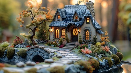 Fototapeta premium a miniature house with a stone bridge and trees.