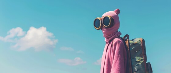 Fototapeta premium Person in Pink Wearing Goggles Stands Under Blue Sky