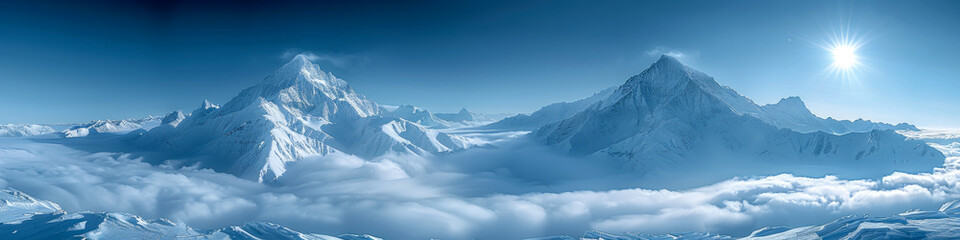 Majestic Snow Covered Mountains under a Clear Blue Sky with Bright Sun