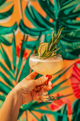 Fototapeta premium Tropical Cocktail Handheld Against Vibrant Floral Background with Lime Garnish