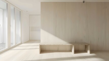 A minimalist room with light wood paneling, large floor-to-ceiling windows, and a simple wooden bench. Sunlight streams in, casting soft shadows on the light wood floor.