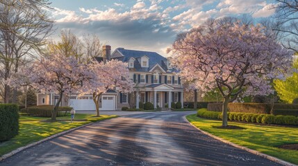 The elegant, sweeping driveway of a Suburban Colonial home, lined with flowering cherry trees that bloom spectacularly each spring