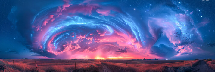 Surreal Sunset Sky with Swirling Clouds and Stars over Field