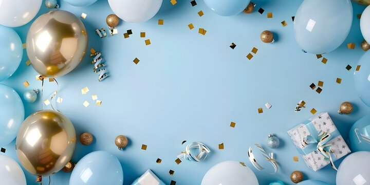 Festive background with blue and gold balloons gift boxes and confetti. Concept Festive Background, Blue Balloons, Gold Gift Boxes, Confetti Pieces