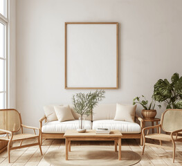 Modern Living Room with Wooden Furniture, Green Plants, and Empty Poster Mock-up Template
