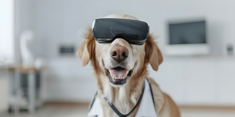 Veterinarian uses virtual reality glasses to provide compassionate expertise in animal care. Concept Veterinary technology, Virtual reality, Animal care, Compassionate expertise, Innovative solutions
