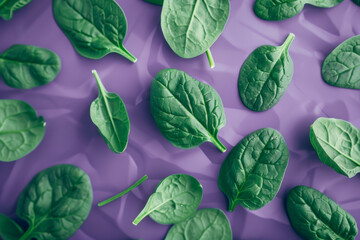 Fresh Green Spinach Leaves on Purple Background   Healthy Food