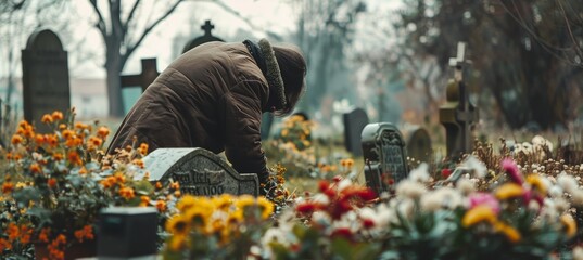 Heartfelt Remembrance During Autumn at Cemetery - Touching Moment of Placing Flowers on Loved One's Grave