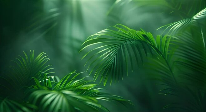 Trendy Balinese summer background with floral pattern, green palm leaves, art wallpaper, summer colors, blur, botanical tropical leaves, sunlight and shadows.