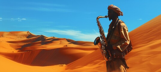 Saxophonist Performing in Vibrant Desert Landscape with Majestic Sand Dunes and Clear Blue Sky