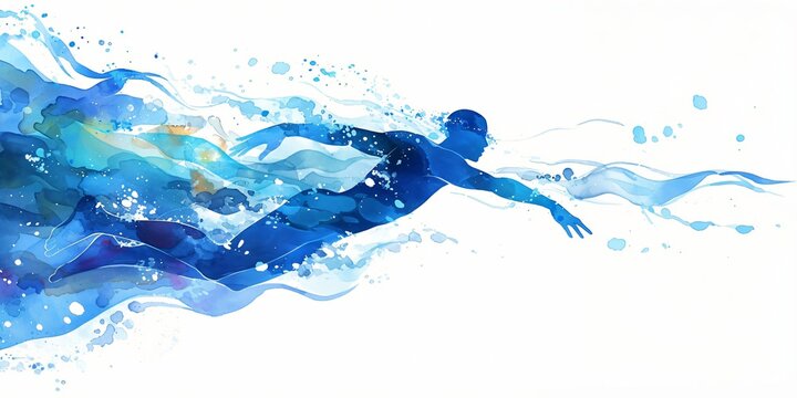 Silhouette of professional swimmer training in gym swimming pool center. Olympic Games. Fitness and sport, healthy life concept. Watercolor abstract illustration for design banner, poster
