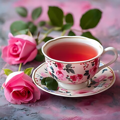 Fototapeta premium A floral teacup filled with rose tea, surrounded by fresh pink roses, creating an elegant and aromatic tea experience.