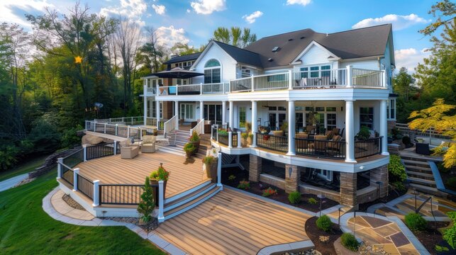 The expansive, multi-tiered deck of a Suburban Colonial home, designed for optimal outdoor living and entertaining