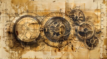 Intricate Vintage Gears and Mechanical Parts Illustration with Sepia Tone for Engineering Design and Print