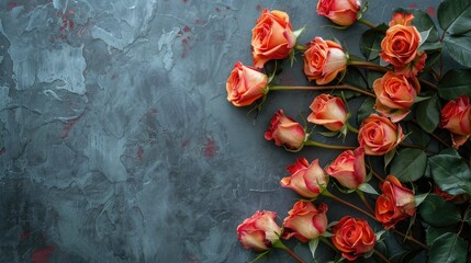 Beautiful roses on a gray background. Abstract layout of a colored frame with space for text. An invitation to a wedding. The concept of International Women's Day, Mother's Day.