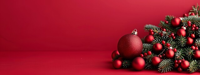  A red surface backs a Christmas tree topped with a pile of red ornaments against a matching red background