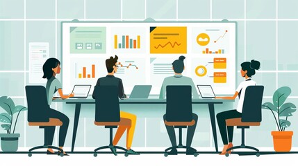 Obraz premium Project-focused cross-functional teams in minimalist environment, large whiteboard, professional attire, goal-oriented discussion, efficient problem-solving, teamwork excellence