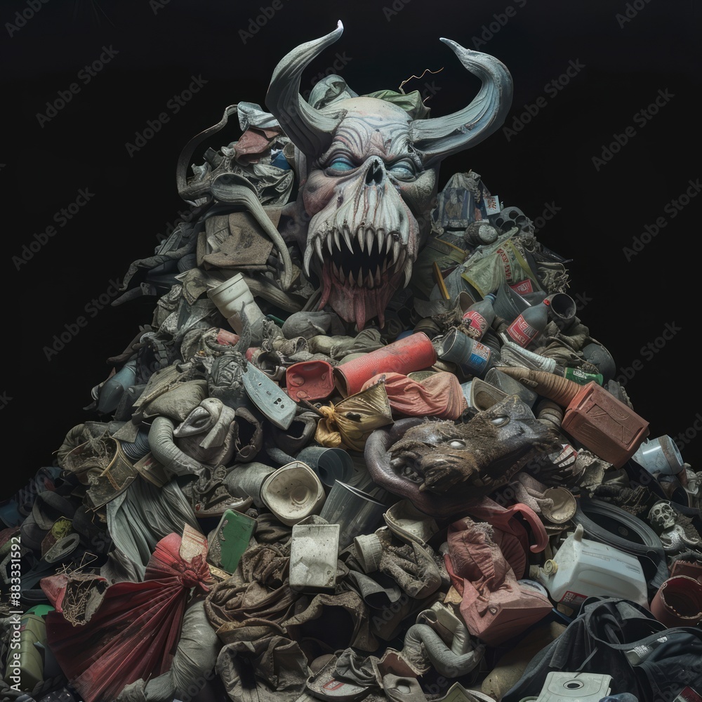 Canvas Prints A pile of trash is piled on top of a statue of a monster