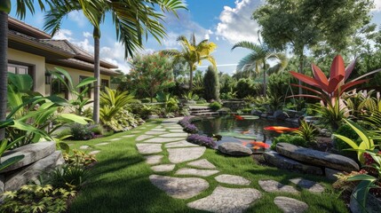 Fototapeta premium Elegant home with a backyard showcasing a koi pond, stone pathways, and a variety of exotic plants.