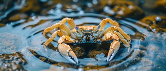 A closeup of a crab sitting on a rock in the shallow water. AI.