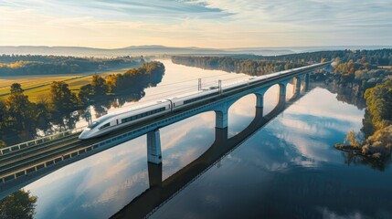 Fototapeta premium Aerial View of High-Speed Train on Scenic Bridge Over Serene River - Travel and Nature Photography