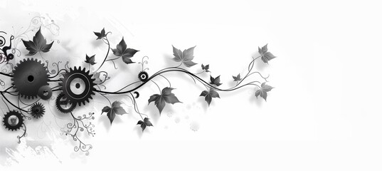 Fototapeta premium Abstract Monochrome Illustration of Intertwined Gears and Vines Symbolizing Nature and Technology Integration