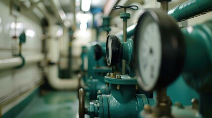 Fototapeta premium Close-up of pressure gauges and valves on an industrial machine. AI.