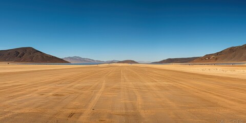 Fototapeta premium A vast desert landscape with a road in the foreground and mountains in the distance. AI.