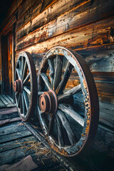 Obraz premium Rustic Wooden Cart Wheels Against Old Wooden Barn Wall at Sunset