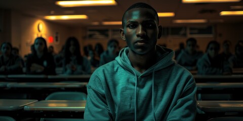 Obraz premium Portrait of a young African-American man in a gray hoodie, looking at the camera with a serious expression. AI.