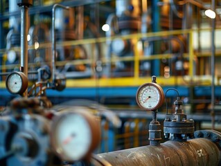 Gauges measure pressure inside an industrial facility. AI.